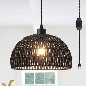 Zjy00033-b-ul Lwytjo Derica 1-light Black Plug-in Boho Rattan Dome Pendant Light With 14.7ft Cord