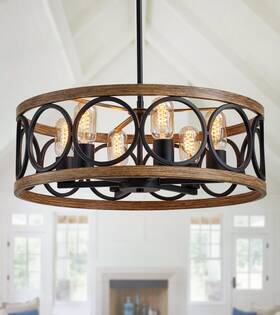 Mx-p2139-6b Meixisue Modern Farmhouse Drum Chandelier Black And Retro Wood Finish 6-lights Round Meta
