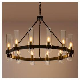 Meiydeng 637962042986 36 Inch Large Black Wagon Wheel Chandelier 12 Lights With Glass Shade