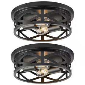 Merra 313027744742 11 Inch 2-light Matte Black Flush Mount Farmhouse Metal Cage Ceiling Lights With Ad