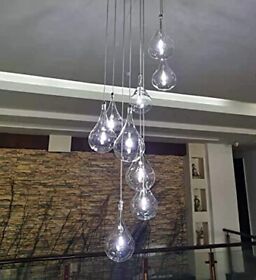 Modern Led Chandelier With 9 Clear Raindrop Glass Bulbs Dimmable Cluster