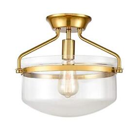 Modern Mid-century Gold Clear Glass Ceiling Lights Brass 14inch Wide Semi Flush