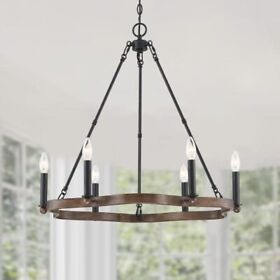 Motini 6-light Farmhouse Chandelier Large Wagon Wheel Black And Wood Finish