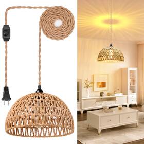 Ttd-002 Moujehom Plug In Pendant Light Rattan Hanging Lamp With 15 Ft Hemp Rope Cord Brown
