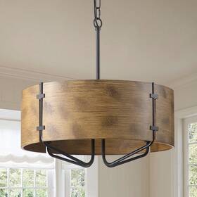 P-xl131 Mwz Farmhouse Drum Chandeliers For Dining Room 5light Rustic Metal Woodgrain Indoor