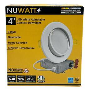 Nuwatt 810066271401 4 Inch White Adjustable Round Slim Recessed Led Ceiling Light Canless