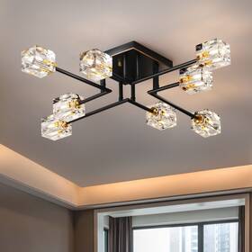 Okes 748521001204 8-lights Semi Flush Mount Ceiling Light Fixture Black And Gold Modern Crystal