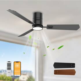 Fj1026-3-52bk-f Oponl Black Ceiling Fan With Light 52inch Low Profile Remote Control Flush Mount