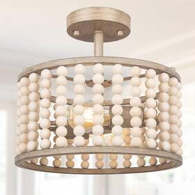 Hdsat-6960-01 Pacific Core Boho Farmhouse 12.6 Inch 2-light Oak White Wood Beaded Chandelier