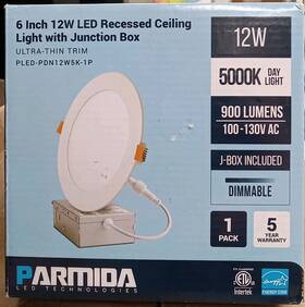 Pled-pdn12w5k-1p Parmida Led Technologies 1 Pack 6 Inch Dimmable Disk Light Recessed Retrofit 12w Daylight