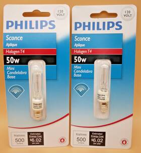 Bc50q-cl Philips 046677415556 Halogen T4 Mini Candelabra Light Bulb 50w New Lot Of 2