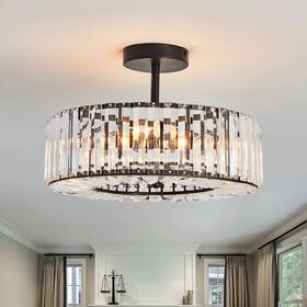 R-2041 Piepooye 4 Lights Modern Crystal Chandelier Black Round Semi Flush Mount Ceiling Light
