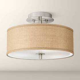 T6396-2w547 Possini Euro Design Modern Ceiling Light Semi Flush Mount Fixture Burlap Fabric Drum 14 Inch For Bedroom