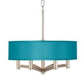 Possini Euro Design X8648-4d242 Brushed Nickel Drum Pendant Chandelier 20 Inch 6-light Teal Blue Faux Silk Kitchen