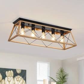 Qc-ccl-005-w Qcazegy 31.5 Inch Flush Mount Ceiling Light Fixture 5-light Vintage Industrial Cage Chan