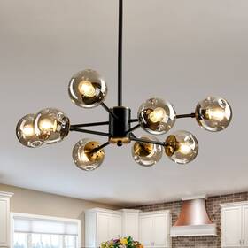 U-2034 Qgiytp 8 Light Glass Globe Sputnik Chandelier Matte Black And Gold Mid Century Modern C