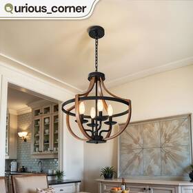 Beyshoc1rt Qurious Corner 4-light Rustic Wood Chandelier Black Metal Ceiling Light Fixture For Dining Room