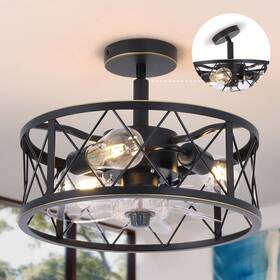 F411-bk Redstar 15 Inch Caged Ceiling Fans With Lights And Remote Flush Mount Black Roun