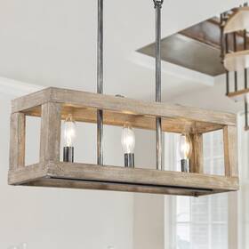 Ruziniu 732133132937 Wood Chandelier 3 Light Farmhouse Rectangle Island Lighting
