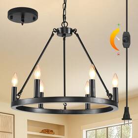 Sadalak Sadalak-dj-pl1101 Us Dimmable Wagon Wheel Plug In Chandelier 6-light 20.5 Inch Black Round Farmhouse