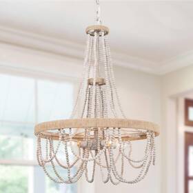 Savonnerie 723803746981 Farmhouse Wood Beaded Chandelier 4-light Boho 19 Inch W X 26 H White