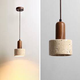 67093-walnut Seeairshop Natural Stone Shade Cylinder Pendant Light Walnut Wood Hainging Li