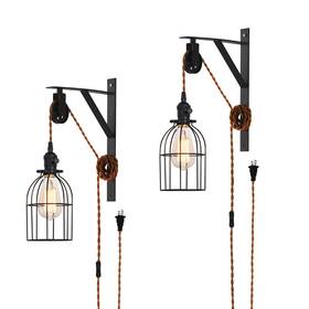 Seeblen 659499280044 Plug In Pendant Light Set Of 2 Farmhouse Pulley Wall Lamp With 7-foot Brown