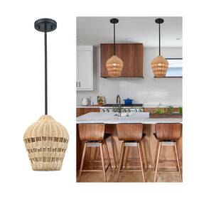 T5342du-bk Shawnkey Rattan Hanging Light Fixtures Boho Pendant Wicker Lamp For Livi