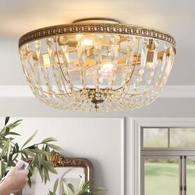 F028 Shitougu Crystal Caged Ceiling Fan With Light Flush Mount 20inch