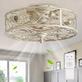 Fla007a-wh Shluce Caged Low Profile Ceiling Fan With Light Farmhouse Flush Mount Fans