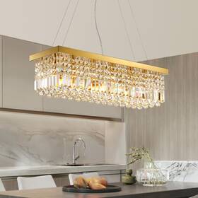 Siljoy 718687229637 6-light Modern Crystal Chandelier Rectangular Gold K9 Raindrop