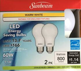 16345 Sunbeam 60w Led Dimmable A19 Light 2 Pack Energy Star 800 Lumens 3000k War