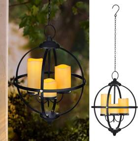 Sunnypark 768795994675 Battery Operated Outdoor Candle Chandelier - Black Metal Globe Hanging Pendant L
