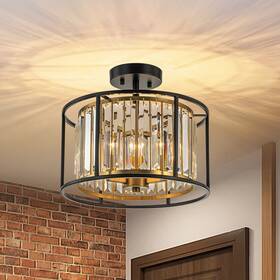 Tanyadecor 888270073289 3-light Crystal Black And Brass Drum Semi-flush Ceiling