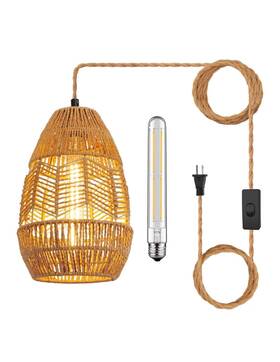 Tbdd-2 Tebio Plug In Pendant Light Rattan Hanging Lights With Cord 15ft Hemp Rope
