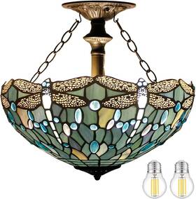 S14716c021 Tiffany & Co. Ceiling Light Fixture Sea Blue Stained Glass Dragonfly Semi Flush Mount