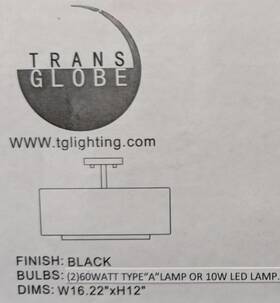 Lgl-119bk Trans Globe Lighting 2-light 16 Inch W Semi Flush Mount Matte Black White Shade 12 H