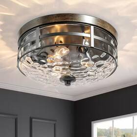 Uolfin 705353862724 Modern Farmhouse Drum Ceiling Light 3-light Rustic Wood Accent Flush Mount Ceili