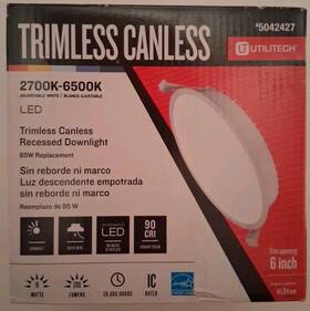 Utilitech 017801989465 6 Inch 1200 Lumens Led Canless Trimless Recessed Downlight White Dimmable