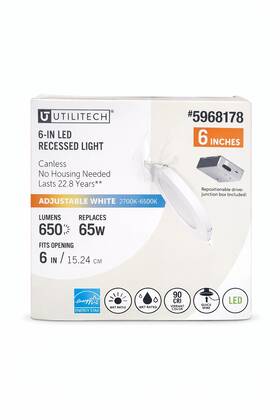 5968178 Utilitech 6-in Led Recessed Light Adjustable 2700k-6500k Wet Rated Energy Star