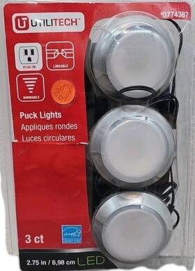 0774387 Utilitech Good Earth Lighting Led Puck Lights-3 Ct. Plug-in Linkable Dimmable 27