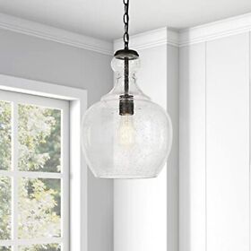 Verona 11inch Wide Pendant With Glass Shade In Blackened Bronze Seeded