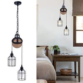 Viluxy Vintage Industrial Pulley Pendant Light With 2 Cage Shade Adjustable