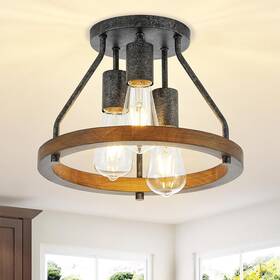 Vl-3l-rb Viluxy 3-light Rustic Flush Mount Ceiling Light With Wood Circle Shade
