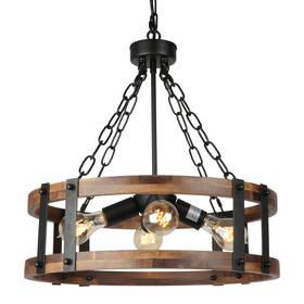 Voguad 610625472955 Farmhouse Rustic Wood Chandelier 4-light Industrial Drum Dining Room