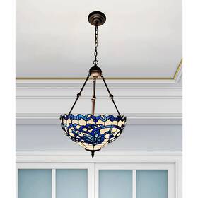 Warehouse Of Tiffany 653341448682 Shelly Blue/white 2-light Stained Glass Shade Tiffany-style Dark Brown