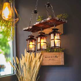Williston Forge 705353624445 Rustic Farmhouse Retro 3 Light Pendant Chandelier Dimmable Geometric Wood Iron