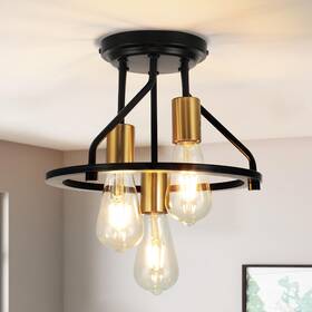 Qltq0032 Wilon Industrial Semi Flush Mount Ceiling Light - 3-light Black Gold Fixture