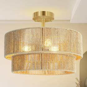 P0322 Xiang He Lighting Co. Ltd Boho 2-tier Rattan Ceiling Light Fixture Semi Flush Mount Woven Chandelier