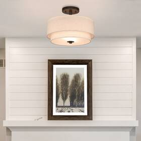 Xb-sf1289-13db Xinbei Lighting Farmhouse 2 Light Close To Ceiling With Linen Fabric Shade In Dark Bronze